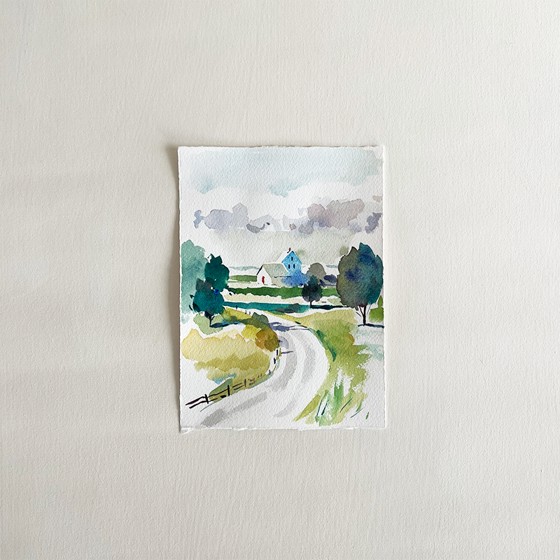 Watercolor Farmhouse Scene