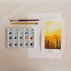 Watercolor Fall Sunset Landscape