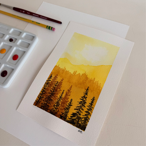 Watercolor Fall Sunset Landscape